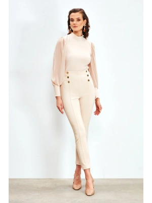 Dik Yaka Şifon Kol Detaylı Bluz - Bej