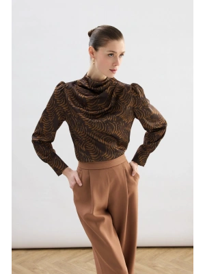 Drape Detaylı Desenli Bluz - Kahve