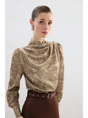 Drape Detaylı Desenli Bluz - Vizon