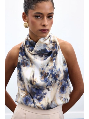 Drapeli Halter Yaka Desenli Bluz - İndigo