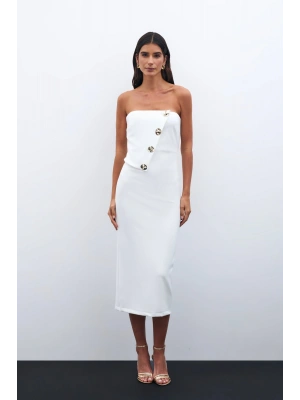 Düğme Aksesuarlı Straplez Elbise - Ekru