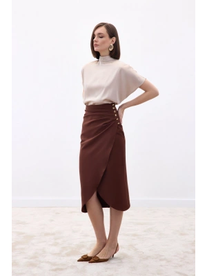 Düğme Detaylı Kalem Etek - Kahve