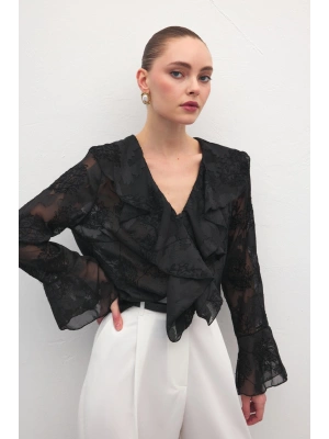 Fırfır Detaylı Nakışlı Gömlek - Siyah