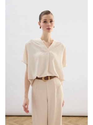 Geniş Kısa Kollu Bluz - Bej