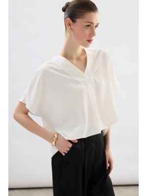 Geniş Kısa Kollu Bluz - Ekru