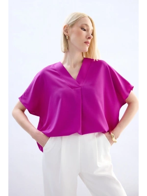 Geniş Kısa Kollu Bluz - Fuşya