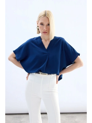 Geniş Kısa Kollu Bluz - İndigo