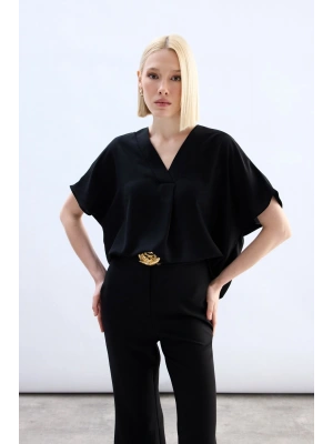 Geniş Kısa Kollu Bluz - Siyah
