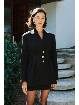 Gold Düğmeli Uzun Ceket - Siyah