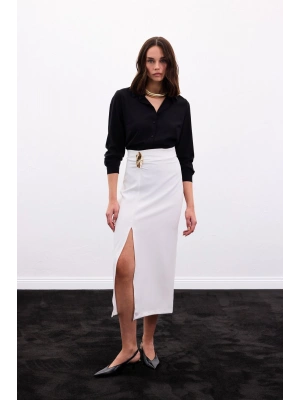 Gold Yan Aksesuarlı Etek - Ekru