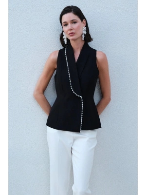 İnci Detaylı Yelek - Siyah