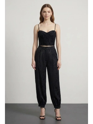 Jakarlı Ballon Fit Pantolon Siyah