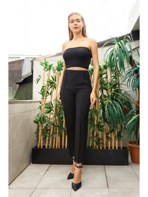 Yüksek Bel Önü Dikişli Beli Apoletli Düğmeli Boru Paça Kumaş Pantolon - Siyah