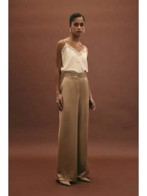 Kemer Detaylı Saten Pantolon - Vizon