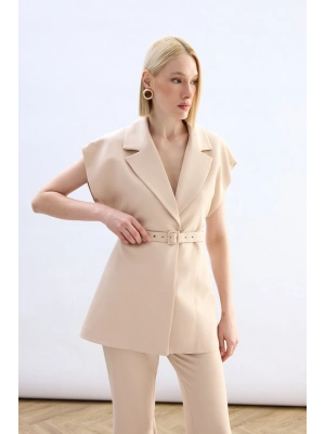 Kemerli Uzun Yelek - Bej