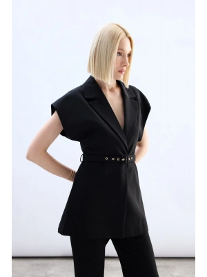 Kemerli Uzun Yelek - Siyah