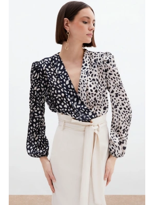 Kruvaze Desenli Bodysuit - Bej-Siyah