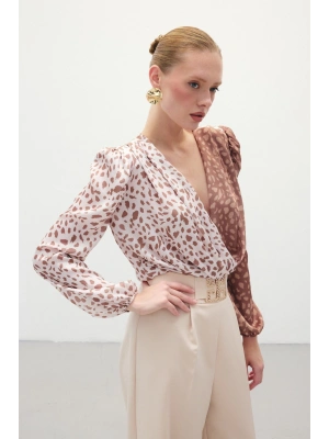 Kruvaze Desenli Bodysuit - Kahve-Bej