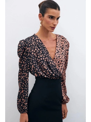 Kruvaze Desenli Bodysuit - Siyah-Camel