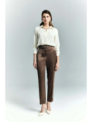 Lisa Saten Duble Paça Pantolon - Kahve