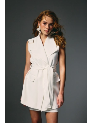 Omuz Aksesuarlı Kuşaklı Yelek - Ekru