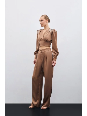 Pileli Saten Krep Pantolon - Camel