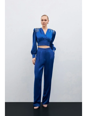 Pileli Saten Krep Pantolon - İndigo