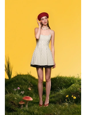 Puantiye Desenli Elbise Krem