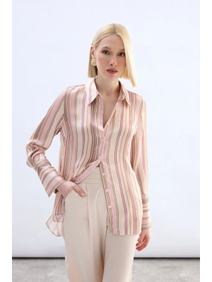 Renkli Çizgili Gömlek - Pudra
