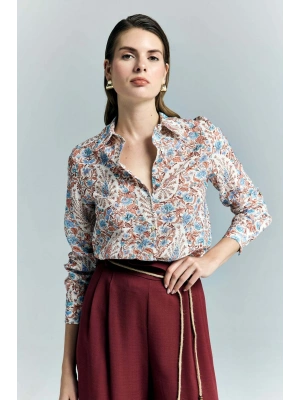 Şal Desen Kolu Katlamalı Gömlek - Mavi