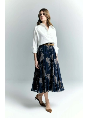Şal Desen Şifon Etek - Lacivert