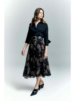 Şal Desen Şifon Etek - Siyah