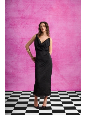 Sırt Bağlamalı Degaje Yaka Midi Elbise Siyah