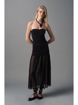 Tül Matchli Elbise Siyah