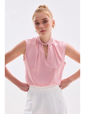 Yaka Detaylı Saten Bluz - Pembe