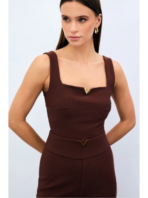 Yaka Gold Aksesuarlı Bluz - Kahve