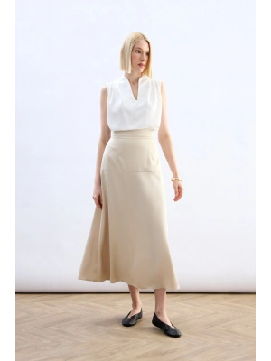 Yüksek Bel Saten Etek - Taş