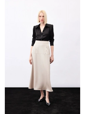 Yüksek Bel Saten Etek - Vizon