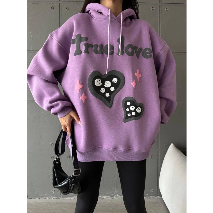 3 iplik şardonlu oversize true baskılı sweat mor