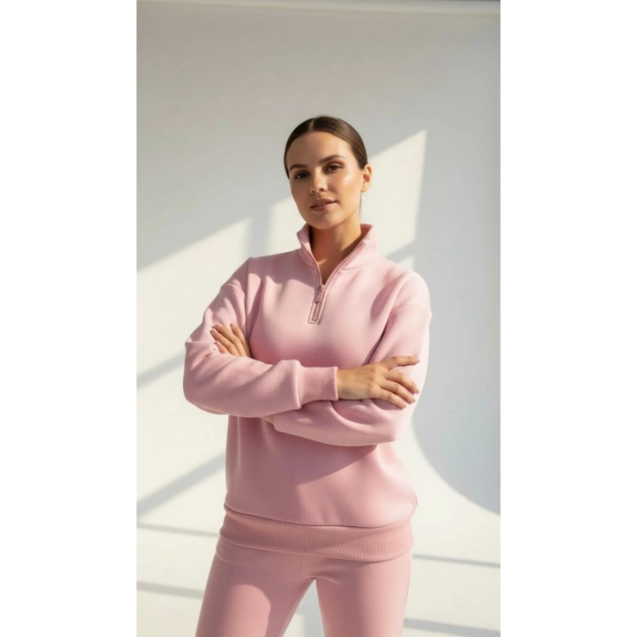 3 iplik Şardonlu yarım fermuarlı sweatshirt somon