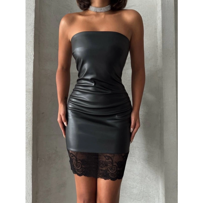 Altı dantelli straplez deri elbise siyah w240419