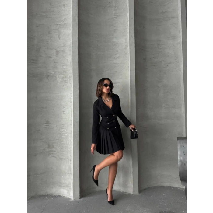 Altı piliseli uzun kollu ceket elbise siyah s255016