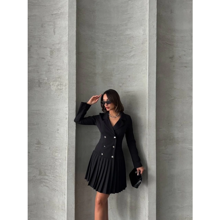 Altı piliseli uzun kollu ceket elbise siyah s255016
