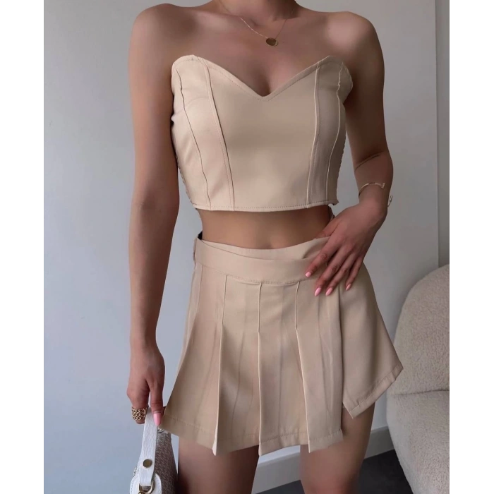 Arkadan büzgülü esnek büstiyer bej