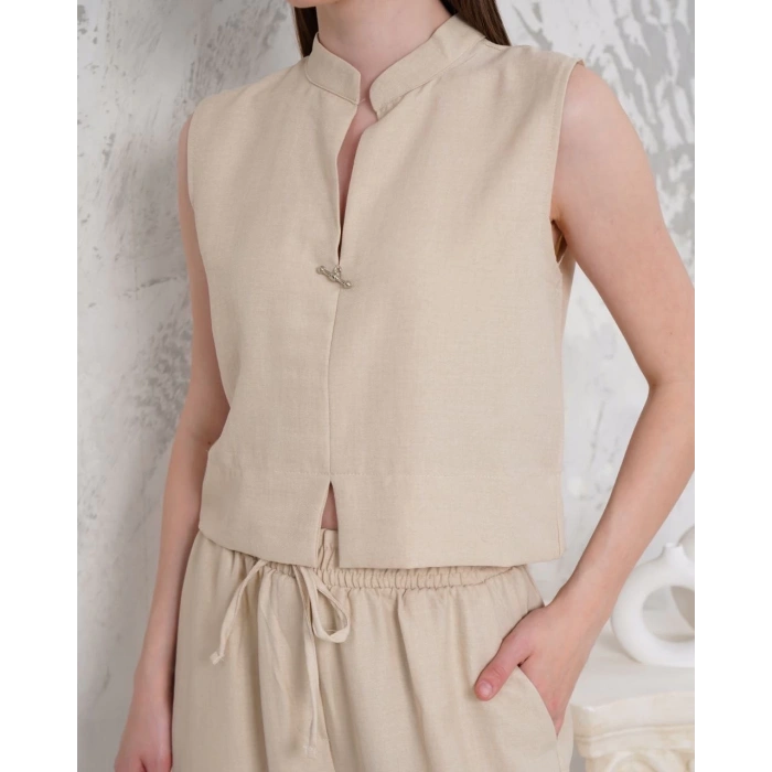 Broşlu yelek pantolon takım bej s255821