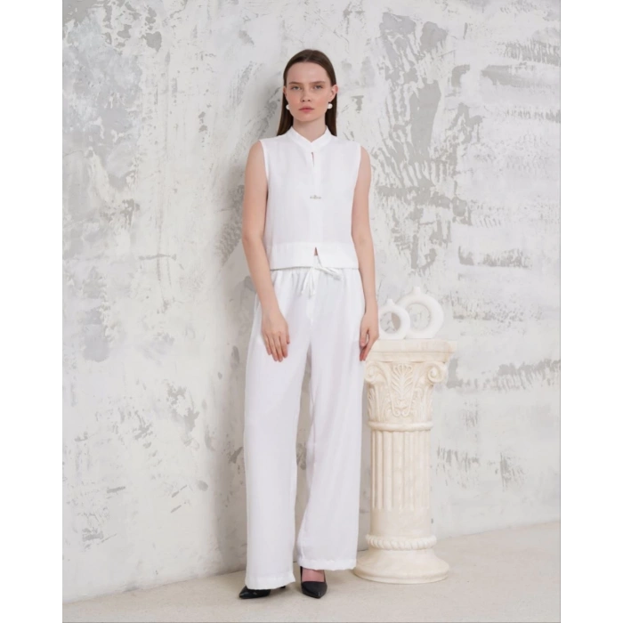 Broşlu yelek pantolon takım beyaz s255821