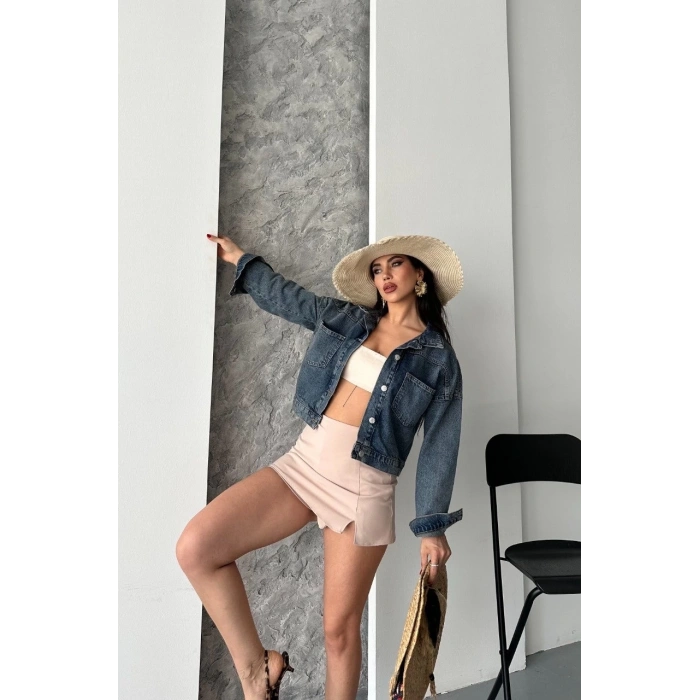 Çift cepli kol katlamalı kar yıkama crop kot ceket kahve tint d2000