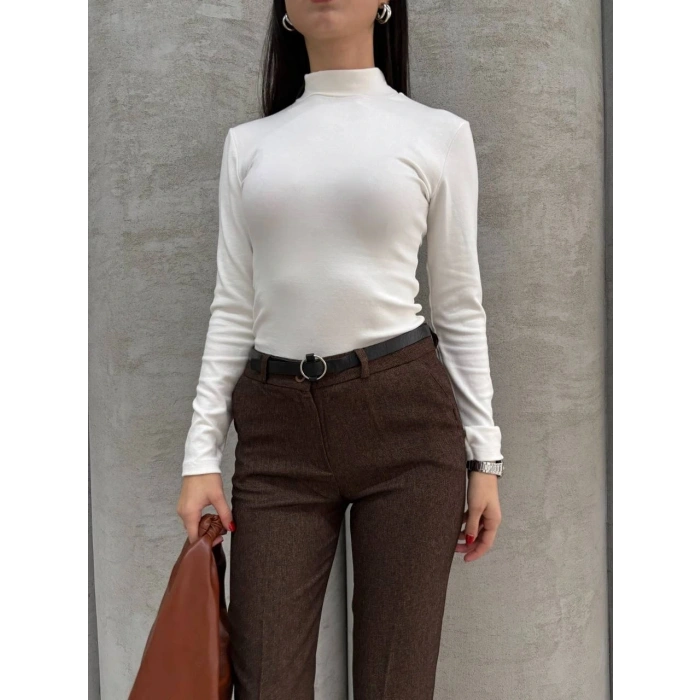 Dar paça kemerli kumaş pantolon kahve pt53