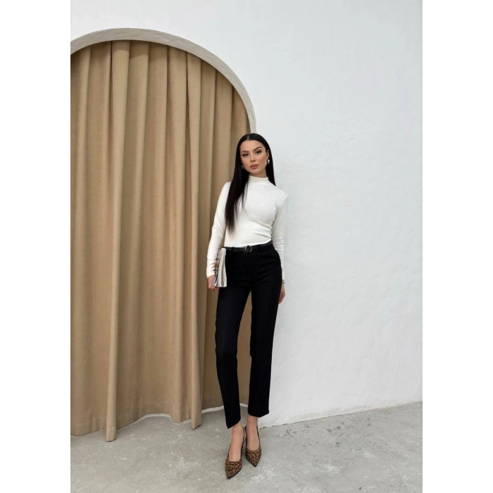 Dar paça kemerli kumaş pantolon siyah pt53