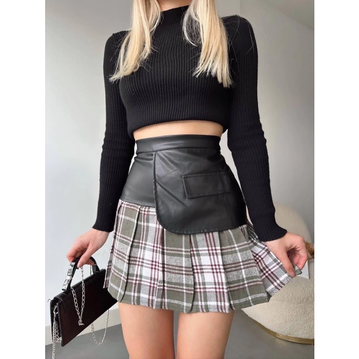 Deri garnili cepli ekose etek siyah s24604